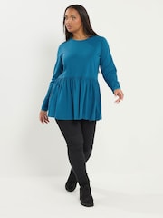Yours Curve Blue Long Sleeve Peplum Cotton Top - Image 3 of 5