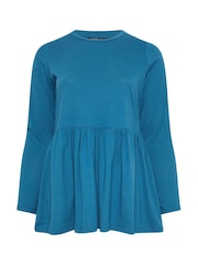 Yours Curve Blue Long Sleeve Peplum Cotton Top - Image 4 of 5