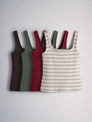 The Set 4 Pack Square Neck Vests Brown/Khaki Green/Stripe - Image 1 of 6