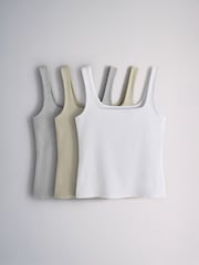 The Set 3 Pack Square Neck Vest Khaki/Grey Marl/White - Image 2 of 10