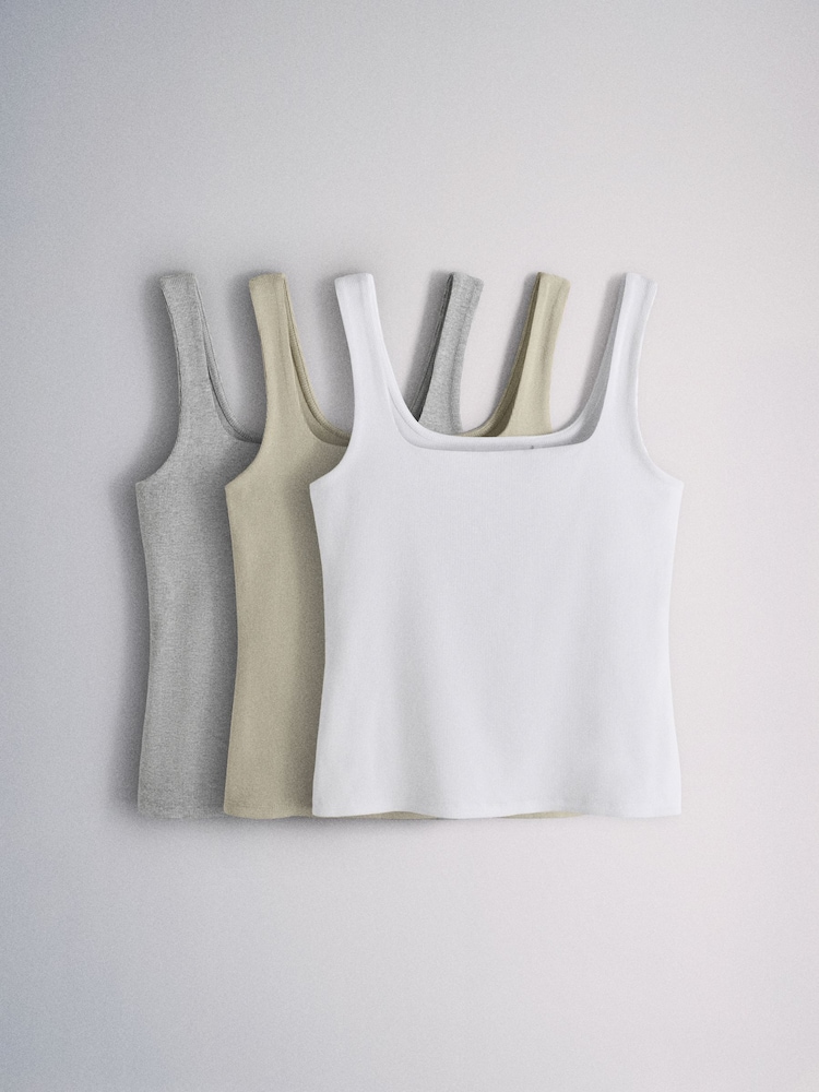 The Set 3 Pack Square Neck Vest Khaki/Grey Marl/White - Image 2 of 10