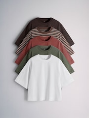 The Set 5 Pack Heavyweight Relaxed Short Sleeve T-Shirts Dark Brown/Stripe/Rust/Green/White - Image 1 of 6