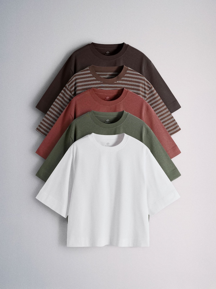 The Set 5 Pack Heavyweight Relaxed Short Sleeve T-Shirts Dark Brown/Stripe/Rust/Green/White - Image 1 of 6 The Set 5 Pack Heavyweight Relaxed Short Sleeve T-Shirts Dark Brown/Stripe/Rust/Green/White - Image 1 of 6