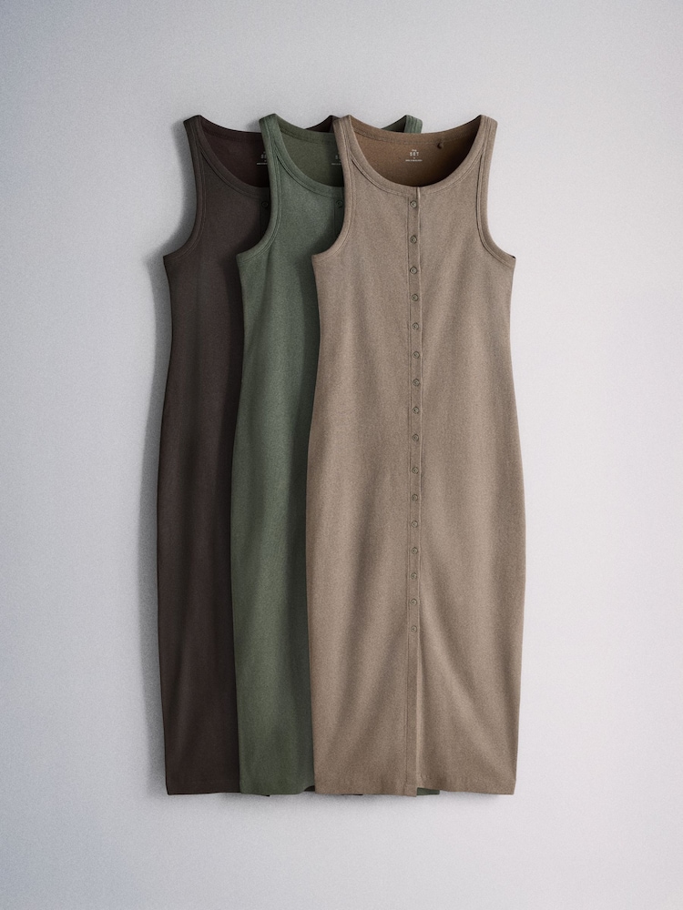 The Set 3 Pack Button Through Ribbed Maxi Jersey Dresses Brown/Khaki/Taupe - Image 1 of 6