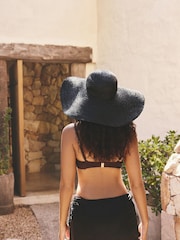 Μαύρο - Ψάθινο καπέλο με μεγάλο γείσο και φαρδιά γραμμή - Εικόνα 4 του 7