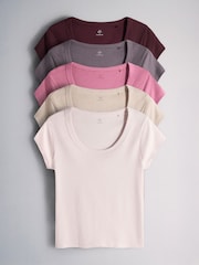 The Set 5 Pack Scoop Neck Cap Sleeve Ribbed T-Shirts Plum Purple - Image 1 of 6