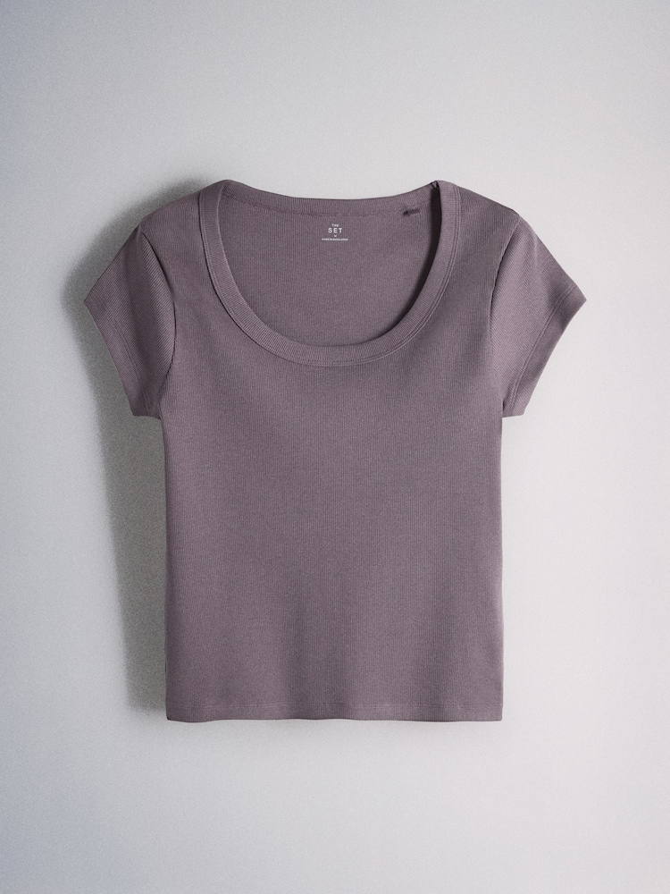 Violet prune - The Set lot de 5 t-shirts côtelés à Mancherons à Col dégagé - Image 10 de 10