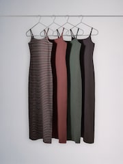 The Set 4 Pack Ribbed Cami Strap Midi Dresses Brown Stripe/Rust/Khaki Green/Chocolate Brown - Image 2 of 6