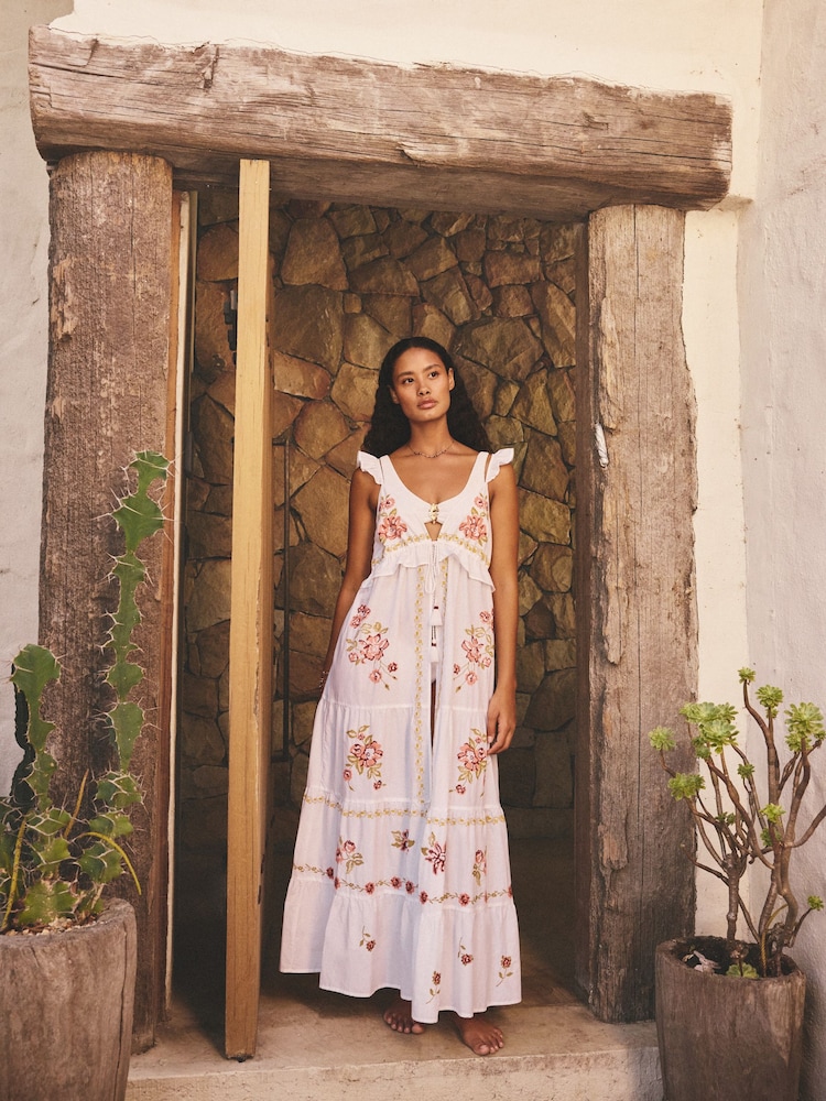 White Tie Front Embroidered Beach Cover Up - Image 2 of 7