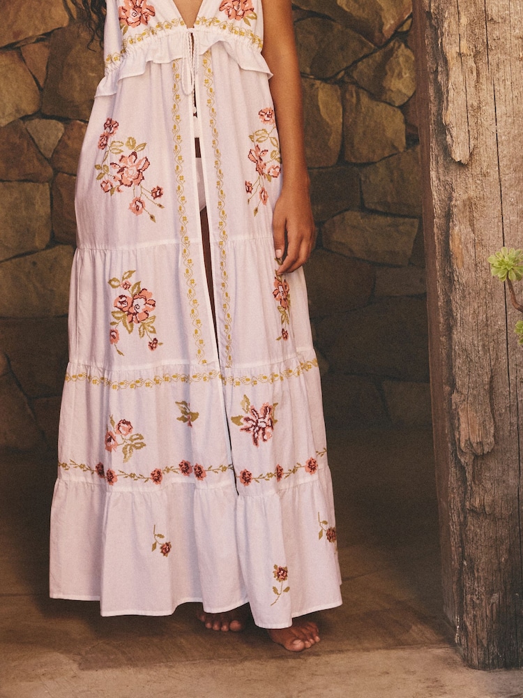 White Tie Front Embroidered Beach Cover Up - Image 7 of 7