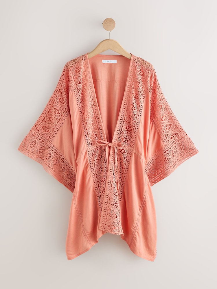 Apricot Orange Crochet Trim Tie Waist Cover-Up - Image 1 of 3