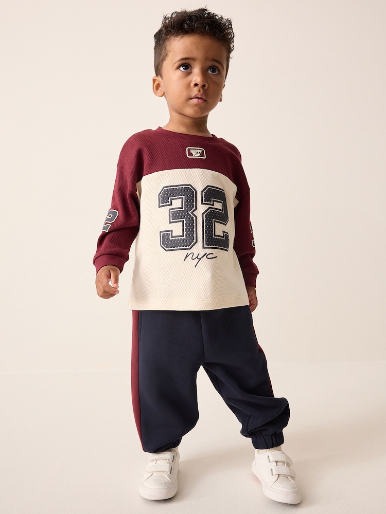 Berry/Ecru Varsity Top and Joggers Set (3mths-7yrs) - Image 1 of 8 Berry/Ecru Varsity Top and Joggers Set (3mths-7yrs) - Image 1 of 8