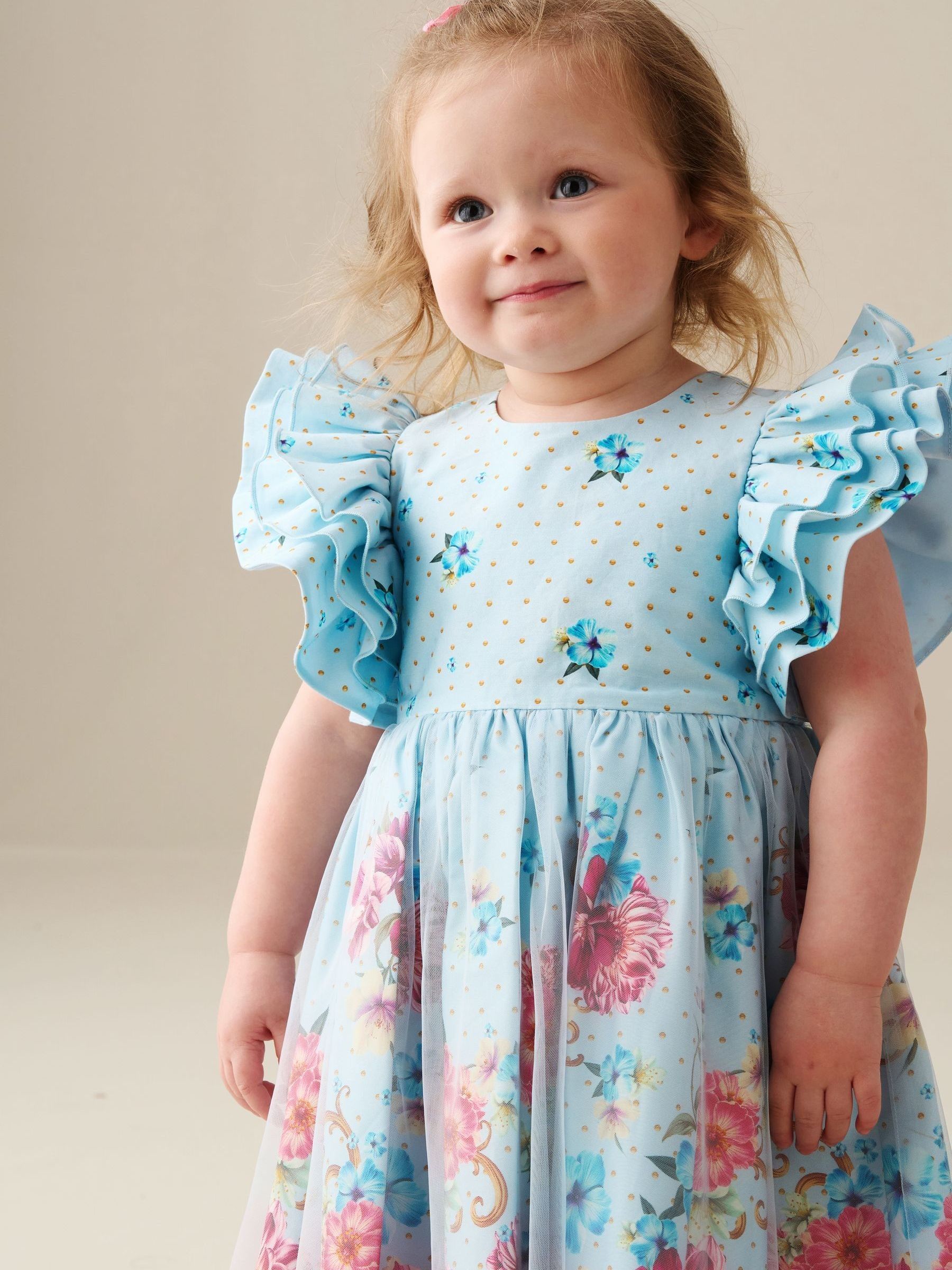 Buy Angel & Rocket Blue Izzy Printed Tulle Ruffle Sleeve Dress