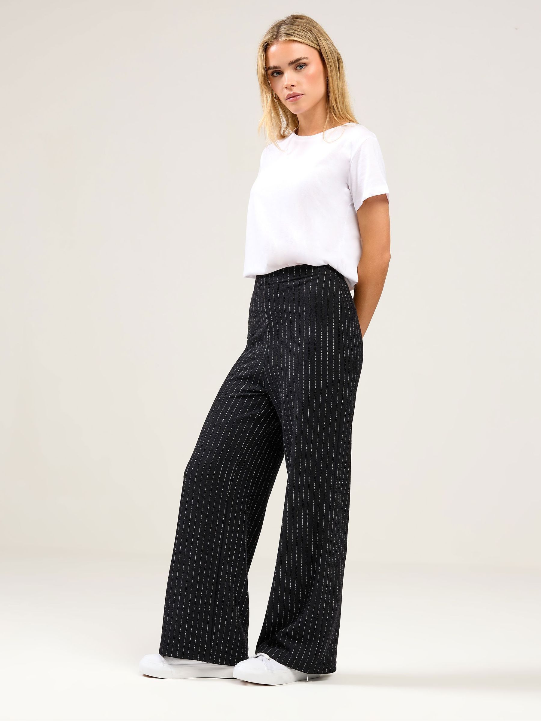 M & Co Women's Black Petite Pinstripe Wide Leg Trousers