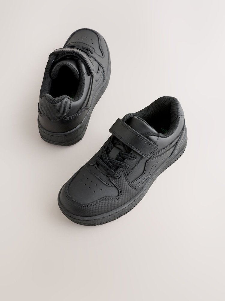 Black Wide Fit (G) Leather Touch Fastening Elastic Lace School Shoes - Image 1 of 5