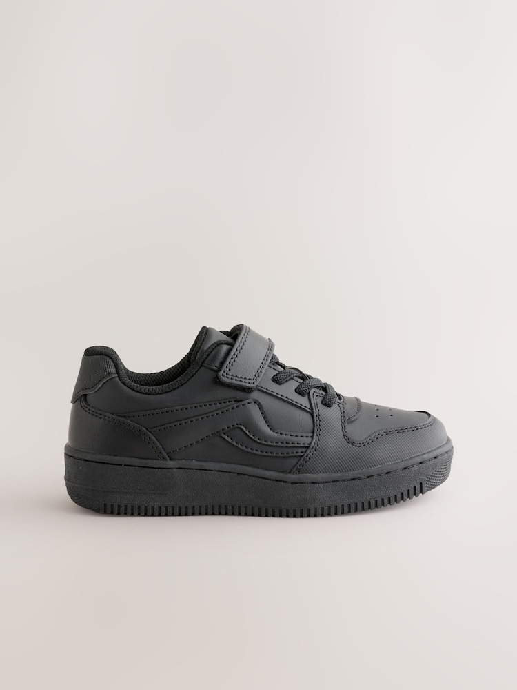Black Wide Fit (G) Leather Touch Fastening Elastic Lace School Shoes - Image 2 of 5