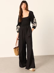 FatFace Adele Black Petite Embroidered Jumpsuit - Image 1 of 7