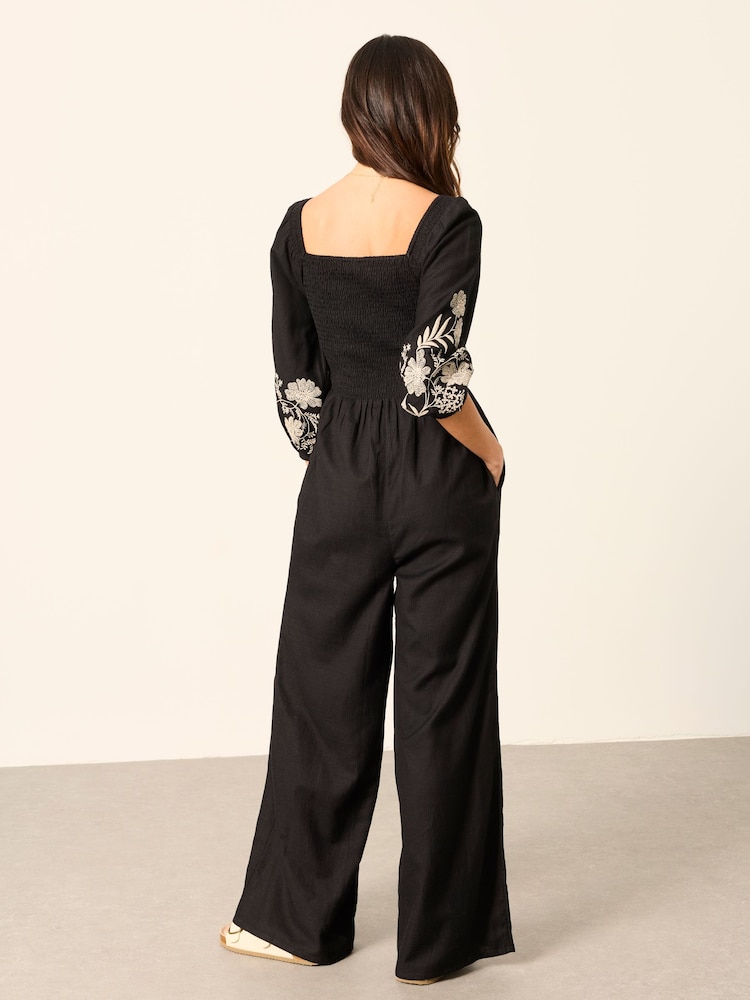 FatFace Adele Black Petite Embroidered Jumpsuit - Image 2 of 7 FatFace Adele Black Petite Embroidered Jumpsuit - Image 2 of 7