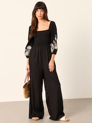 FatFace Adele Black Petite Embroidered Jumpsuit - Image 3 of 7