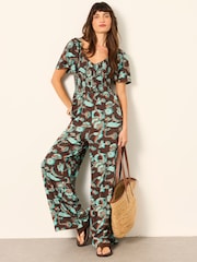 FatFace Gabby Chocolate Brown Batik Petite Jumpsuit - Image 1 of 6