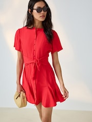 红色 - 领带腰围迷你连衣裙 - 图片1 / 8