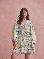 أخضر/وردي زهور - National Trust X Next Bubblehem Tie Neck Sleeveless Top - Image 1 of 6