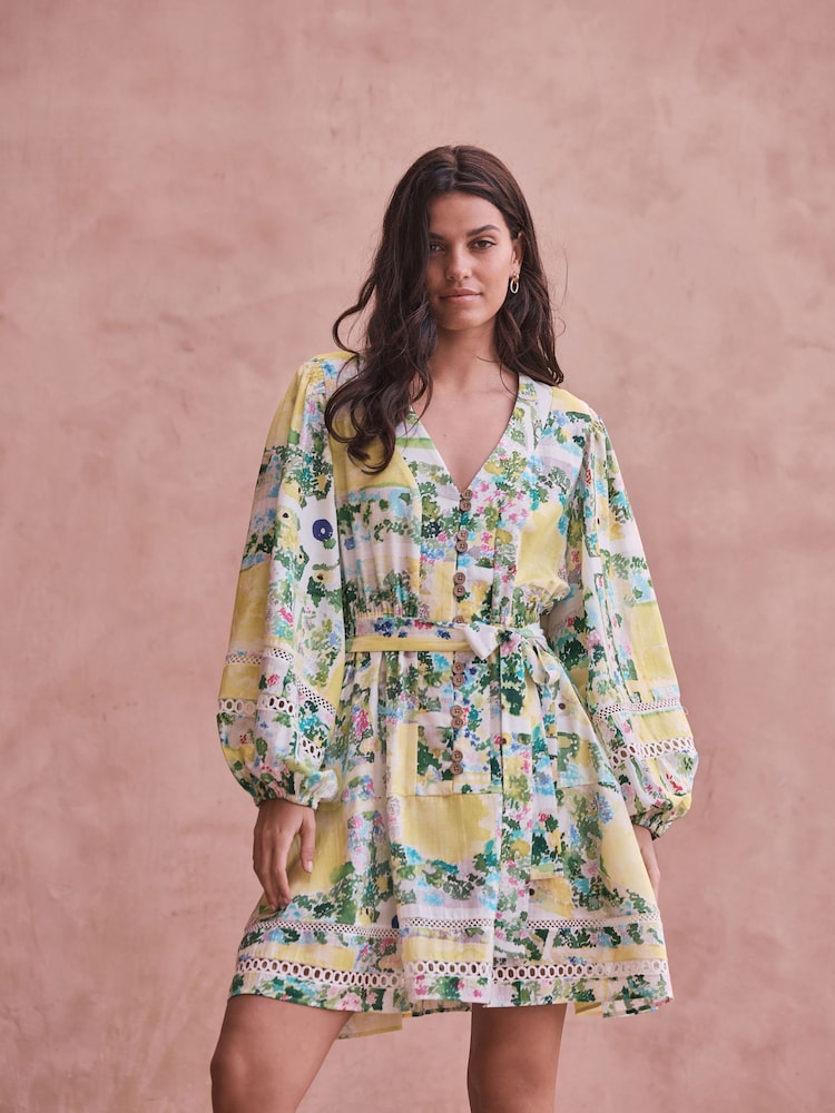 أخضر/وردي زهور - National Trust X Next Bubblehem Tie Neck Sleeveless Top - Image 1 of 6