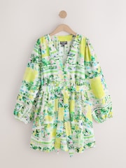 Green/Pink Floral Bubblehem Tie Neck Sleeveless Top - Image 7 of 9