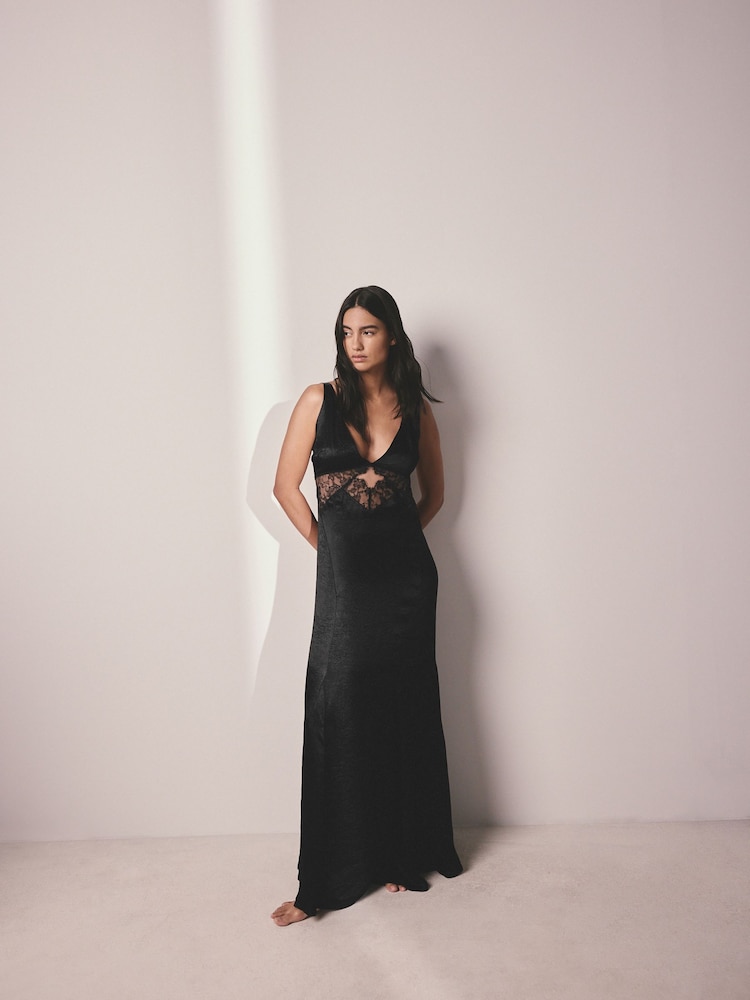 AIYLA Black Lace & Satin Long Slip - Image 2 of 10 AIYLA Black Lace & Satin Long Slip - Image 2 of 10