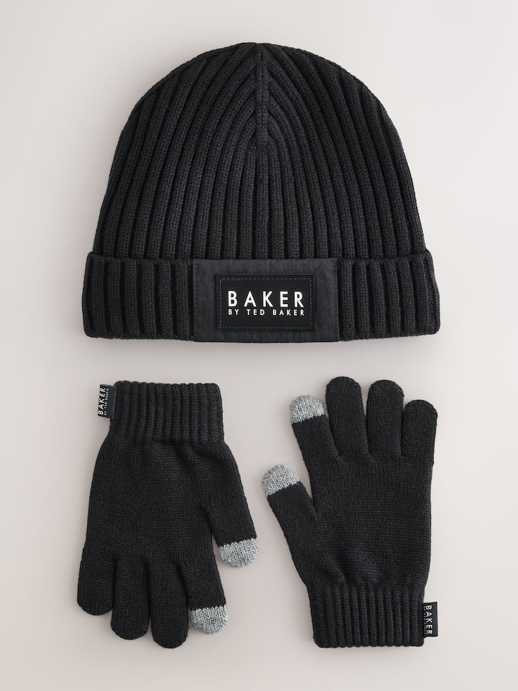 Baker by Ted Baker Black Logo Beanie and Gloves Set - Image 1 of 5