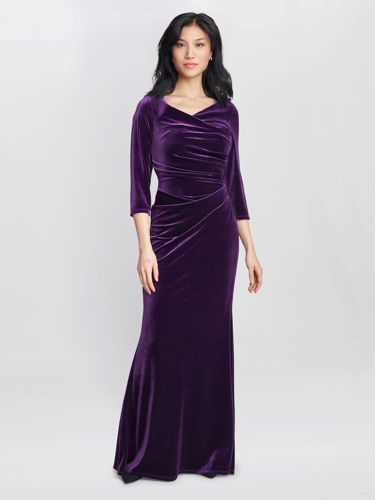 Gina Bacconi Purple Sophie Velvet Maxi Dress With 3/4 Sleeve - Image 1 of 6 Gina Bacconi Purple Sophie Velvet Maxi Dress With 3/4 Sleeve - Image 1 of 6