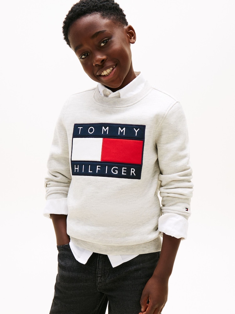 Tommy Hilfiger Grey Heritage Flag Appliqué Crew Neck Sweatshirt - Image 1 of 4 Tommy Hilfiger Grey Heritage Flag Appliqué Crew Neck Sweatshirt - Image 1 of 4