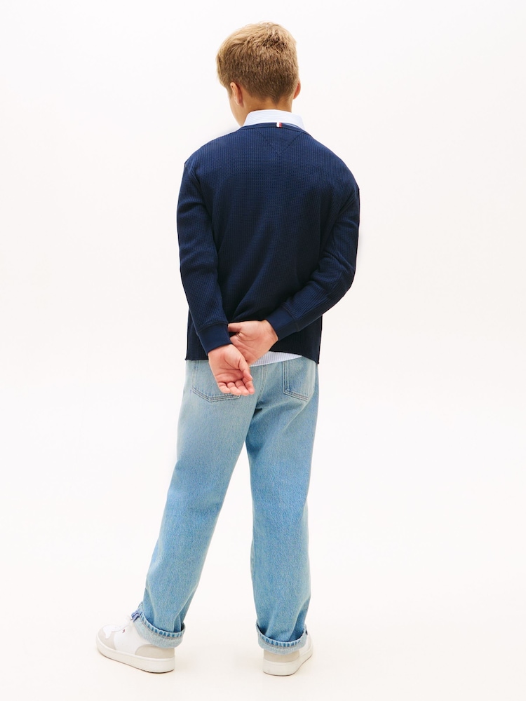 Tommy Hilfiger Blue Waffle Knit Henley Long Sleeve T-Shirt - Image 2 of 5 Tommy Hilfiger Blue Waffle Knit Henley Long Sleeve T-Shirt - Image 2 of 5