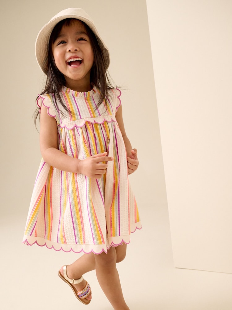 Rainbow Stripe Sleeveless Scallop Detail Summer Dress (3mths-7yrs) - Image 1 of 9
