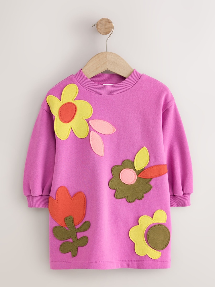 Purple Flowers Long Sleeve Sweat Dress (3mths-7yrs) - Image 1 of 4