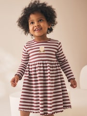 Fleur à Rayure Marron - Robe côtelée brodée à manches longues (3mois-7ans) - Image 1 de 7