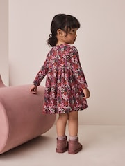 Burgundy Red Ditsy Floral Long Sleeve Ribbed Dress (3mths-7yrs) - Image 3 of 8
