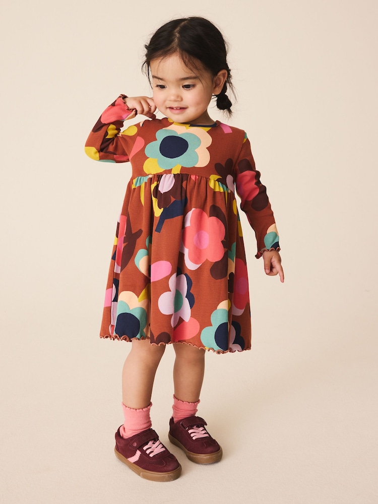 Brown Flowers Long Sleeve Ribbed Dress (3mths-7yrs) - Image 2 of 6 Brown Flowers Long Sleeve Ribbed Dress (3mths-7yrs) - Image 2 of 6