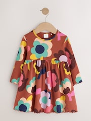 Brown Flowers Long Sleeve Ribbed Dress (3mths-7yrs) - Image 4 of 6