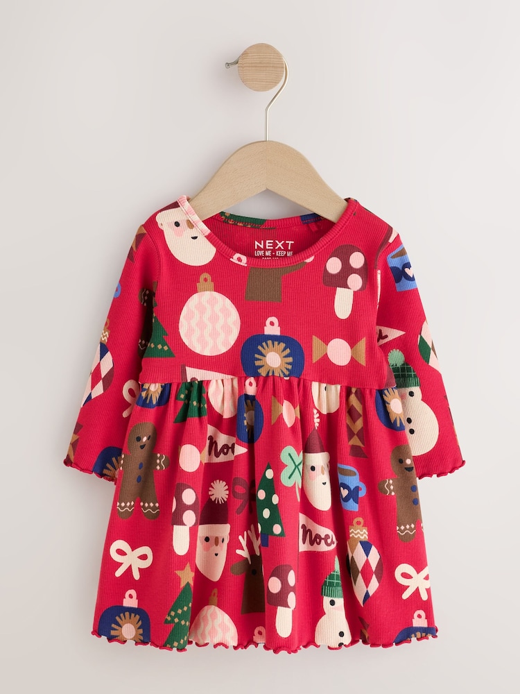 Red Christmas Long Sleeve Christmas Ribbed Dress (3mths-7yrs) - Image 1 of 4
