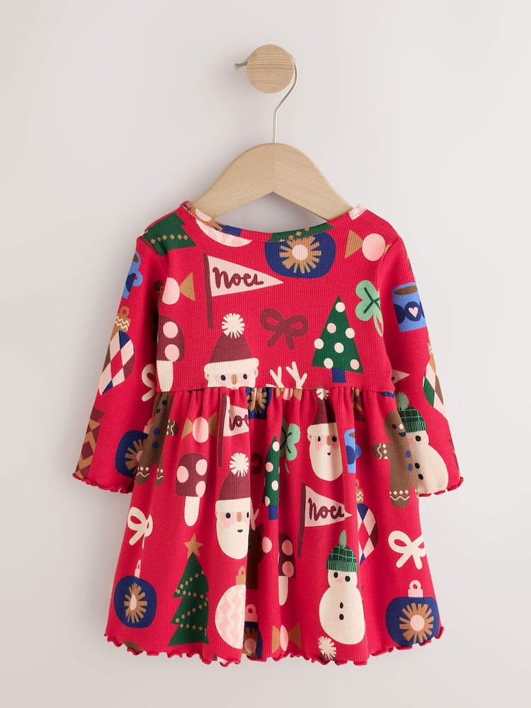 Red Christmas Long Sleeve Christmas Ribbed Dress (3mths-7yrs) - Image 2 of 4