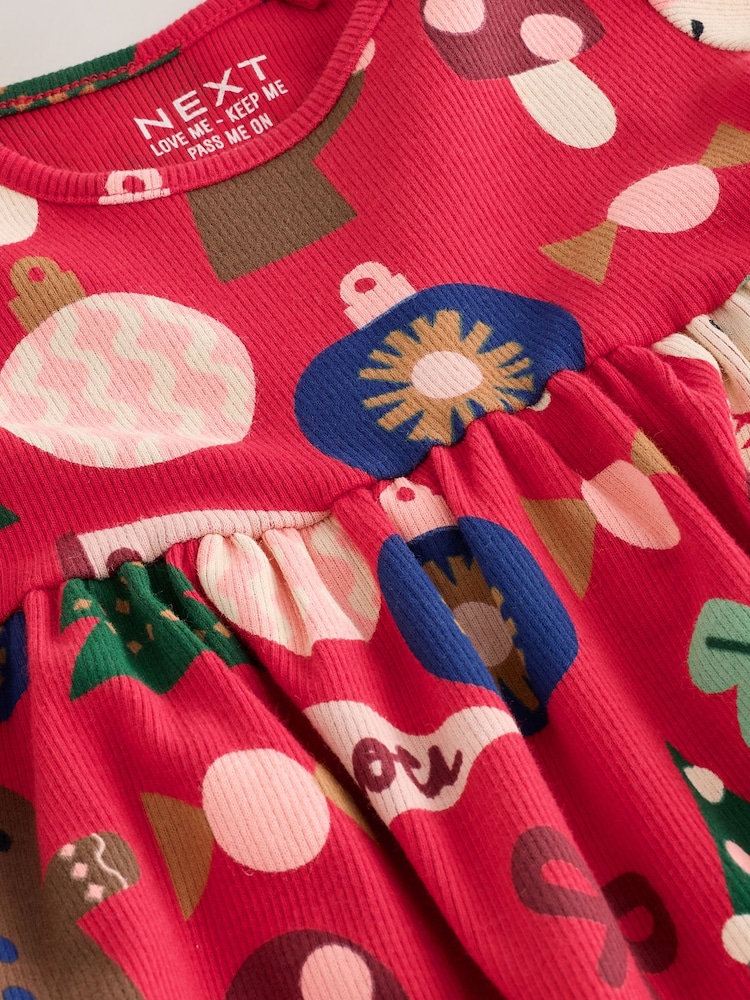 Red Christmas Long Sleeve Christmas Ribbed Dress (3mths-7yrs) - Image 4 of 4