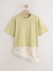 Sage Floral Satin Lace Trim Short Sleeve T-Shirt - Image 1 of 3