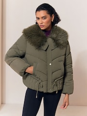 Lipsy Olive Green Short Fur Collar Puffer Coat - Image 1 of 5