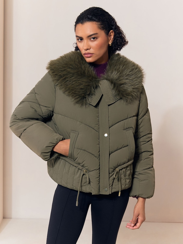 Lipsy Olive Green Short Fur Collar Puffer Coat - Image 1 of 5