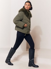 Lipsy Olive Green Short Fur Collar Puffer Coat - Image 3 of 5