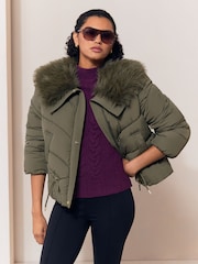 Lipsy Olive Green Short Fur Collar Puffer Coat - Image 4 of 5