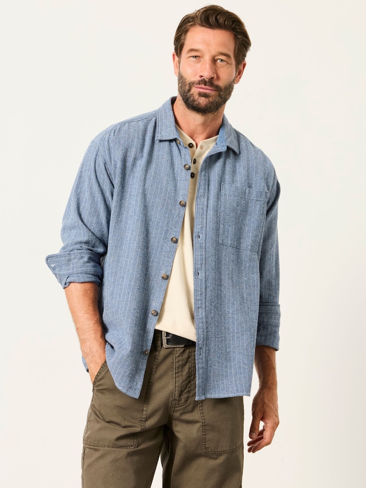 FatFace Light Blue Long Sleeve Relaxed Fit Herringbone Stripe Brushed Shirt - Image 1 of 6