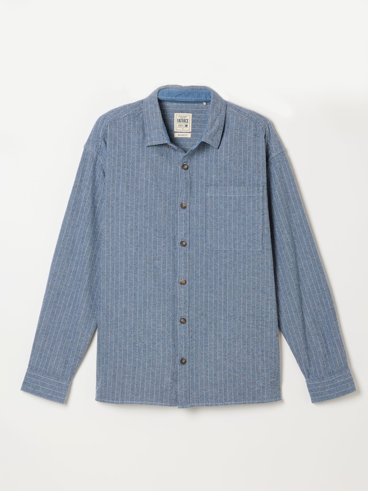 FatFace Light Blue Long Sleeve Relaxed Fit Herringbone Stripe Brushed Shirt - Image 6 of 6