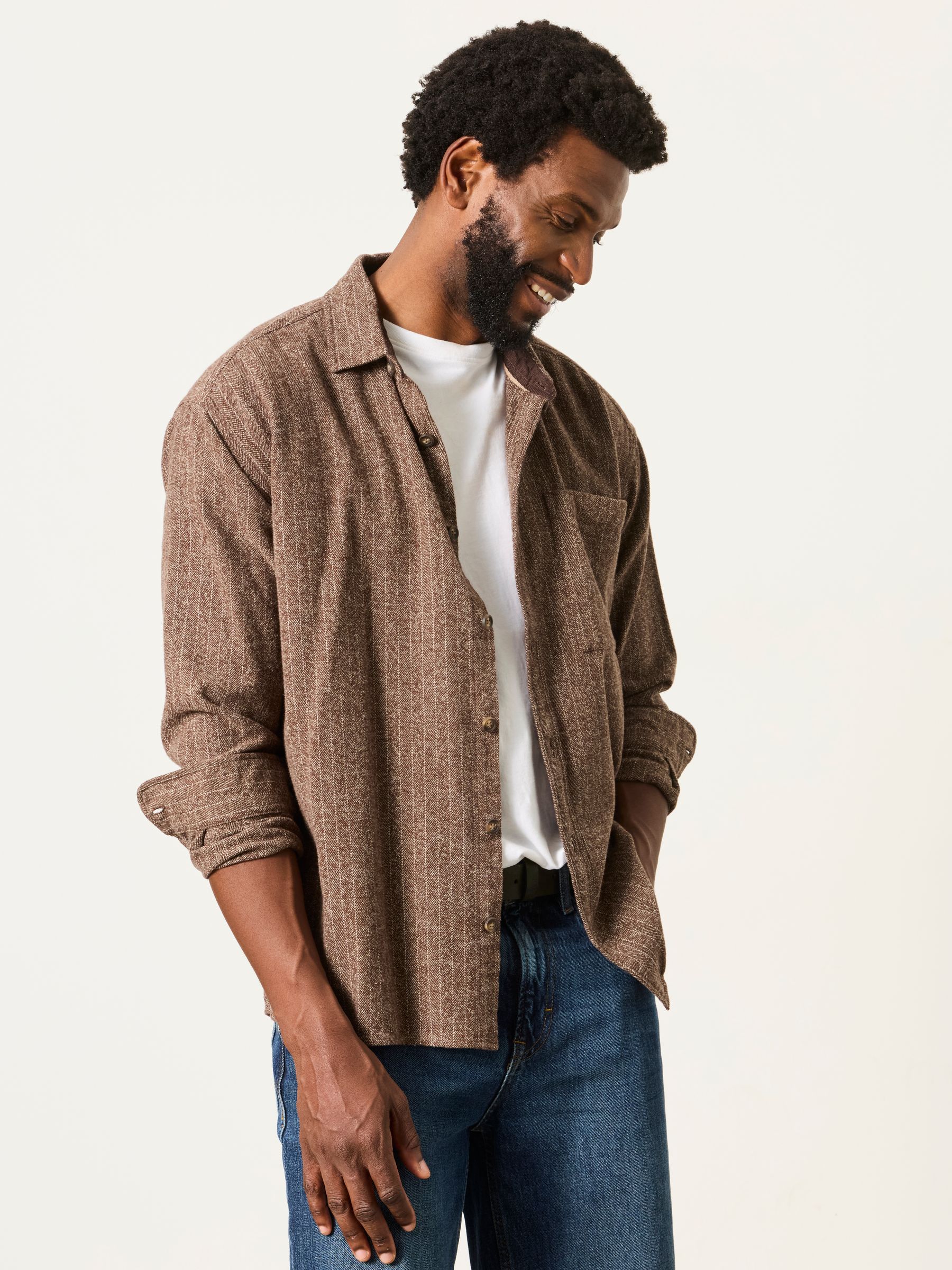 Buy FatFace Brown Long Sleeve Relaxed Fit Herringbone Stripe